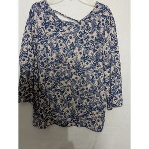 Cato Womens Blue Floral V-Neck Blouse 3/4 Sleeve Tie Neck Top XL